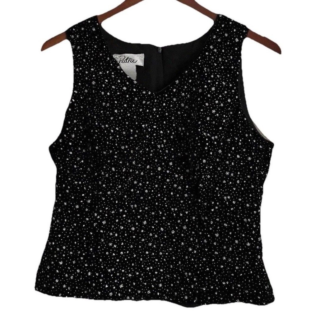 Patra Black Velvet Silver Sparkle Sleeveless Top Size 12 Travel Party Wedding